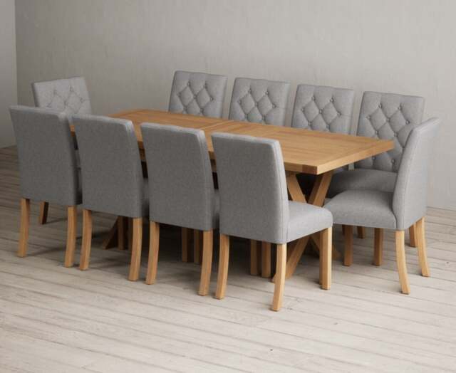 Extending Buckley 160cm Solid Oak Dining Table with 10 Grey Isabella Chairs