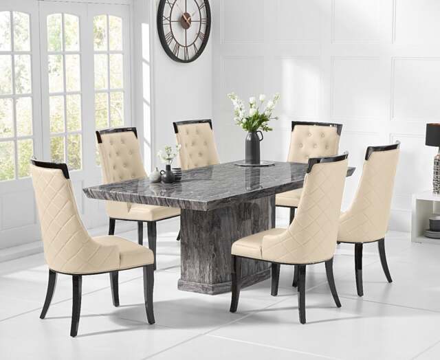 Carvelle 200cm Dark Grey Pedestal Marble Dining Table with 8 Cream Francesca Chairs