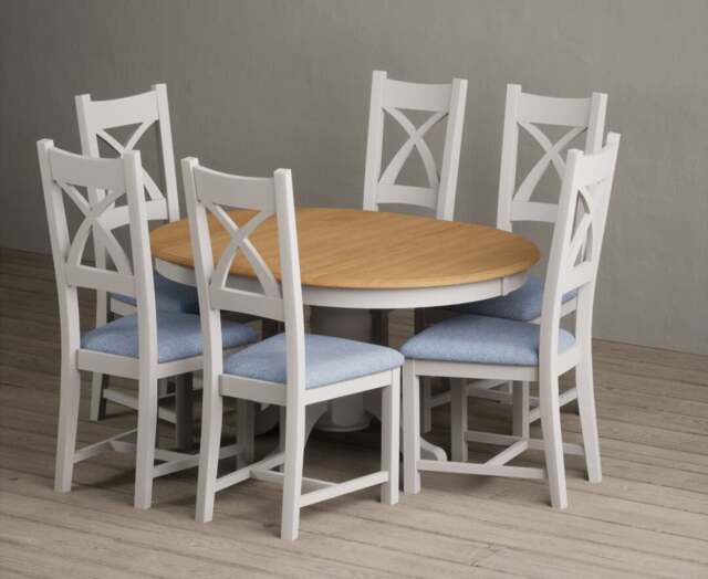 Extending Hertford 100cm - 130cm Oak and Soft White Painted Pedestal Dining Table with 4 Blue Painted Chairs