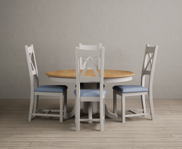 Extending Hertford 100cm - 130cm Oak and Soft White Painted Pedestal Dining Table with 4 Blue Painted Chairs
