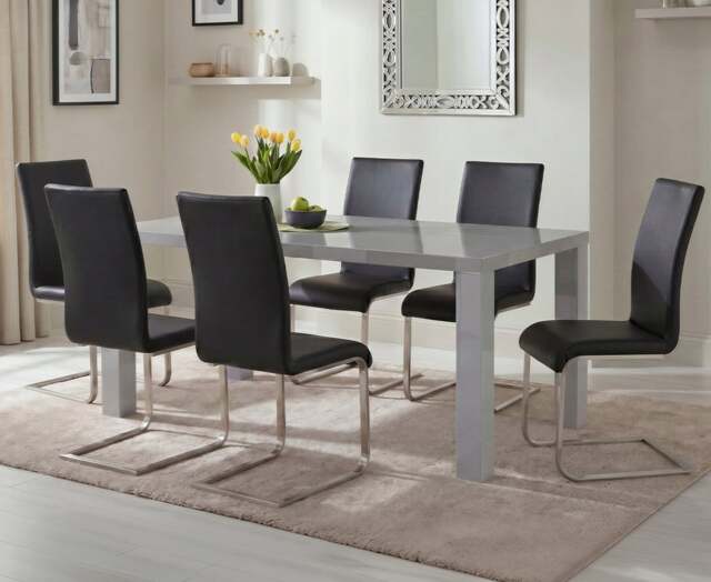 Seattle 160cm Light Grey High Gloss Dining Table with 6 Black Austin Chairs