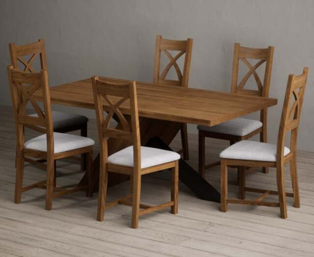 Michigan 180cm Rustic Oak and Metal Black Leg Industrial Dining Table with 6 Light Grey Rustic Solid Oak Chairs