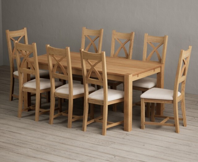 Thetford 180cm Solid Oak Dining Table with 8 Linen Natural Solid Oak Chairs