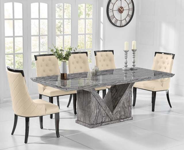 Milan 220cm Grey Marble Dining Table with 10 Cream Francesca Chairs