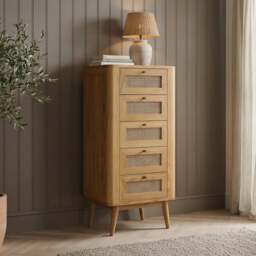 Oak Rattan 5 Drawer Tallboy Chest
