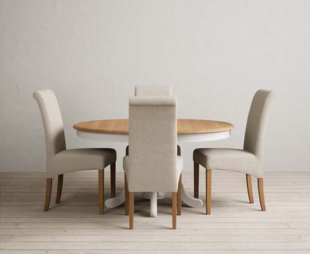 Extending Hertford 100cm - 130cm Oak and Soft White Painted Pedestal Dining Table with 4 Natural Scroll Back Chairs