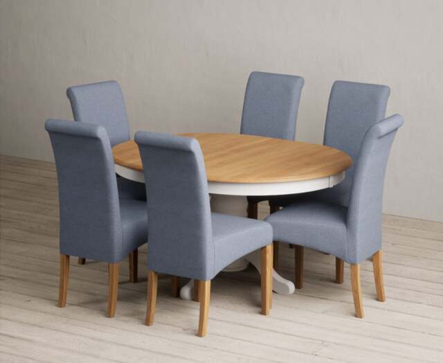 Extending Hertford 100cm - 130cm Oak and Soft White Painted Pedestal Dining Table with 4 Natural Scroll Back Chairs