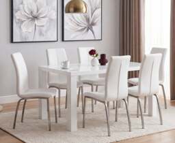 Seattle 160cm White High Gloss Dining Table with 6 White Marco Chairs