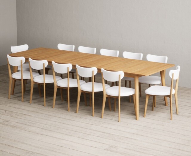 Extending Ruben 200cm Retro Oak Dining Table with 12 White Nordic Chairs