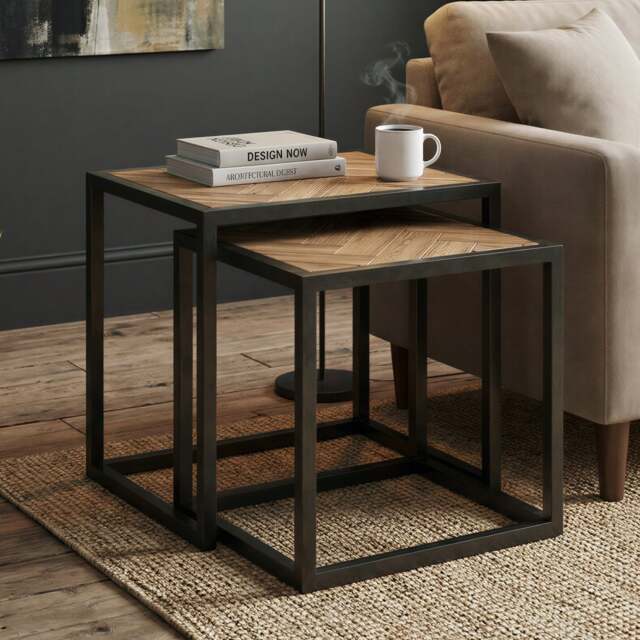 Herringbone Solid Oak Nest of Tables