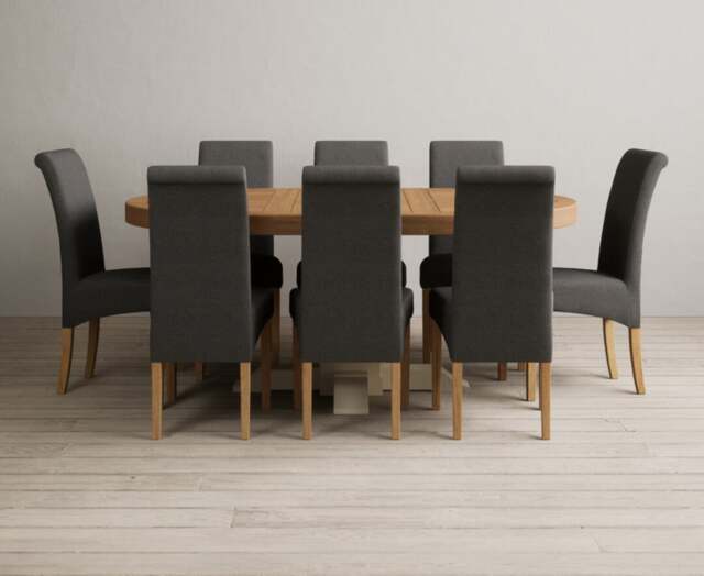Extending Helmsley Oak and Cream Painted Pedestal Dining Table with 8 Charcoal Grey Scroll Back Chairs