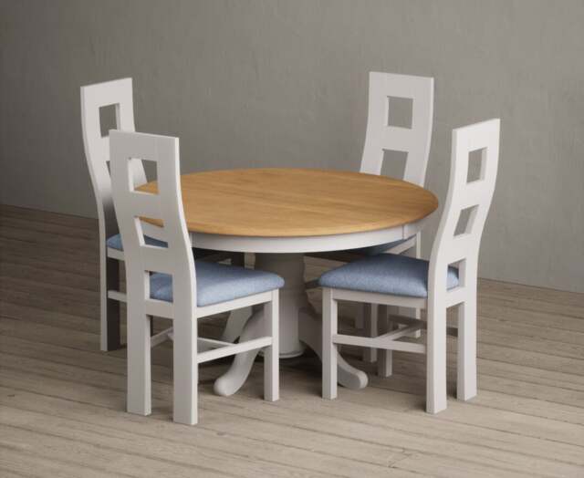 Hertford 120cm Fixed Top Oak and Soft White Painted Dining Table with 4 Linen Painted Chairs