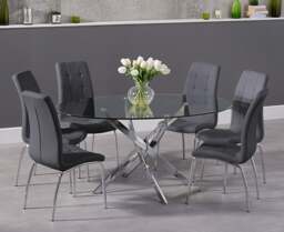 Bernini 165cm Oval Glass Dining Table with 6 Grey Vigo Chairs