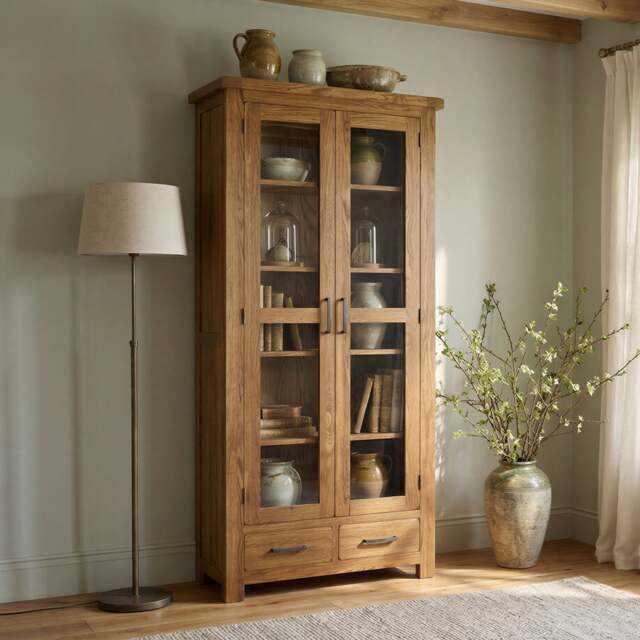 Rustic Solid Oak Glazed Display Cabinet - Glass Doors