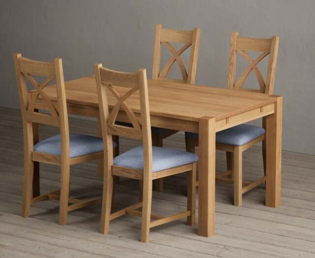 Thetford 150cm Solid Oak Dining Table with 4 Blue Natural Solid Oak Chairs