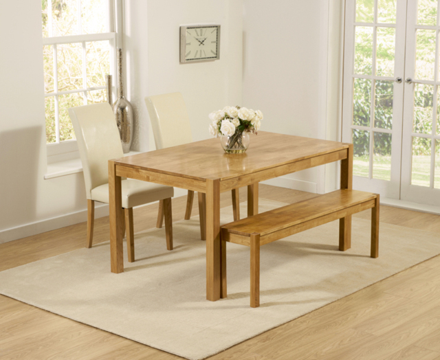 York 150cm Solid Oak Dining Table with 2 Cream Olivia Chairs and 1 Oak Bench