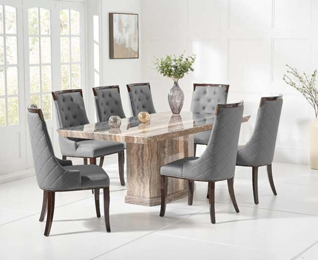 Carvelle 160cm Brown Pedestal Marble Dining Table with 8 Grey Francesca Chairs