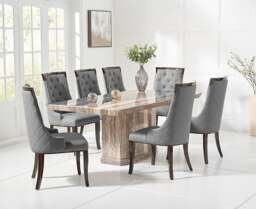 Carvelle 160cm Brown Pedestal Marble Dining Table with 8 Grey Francesca Chairs