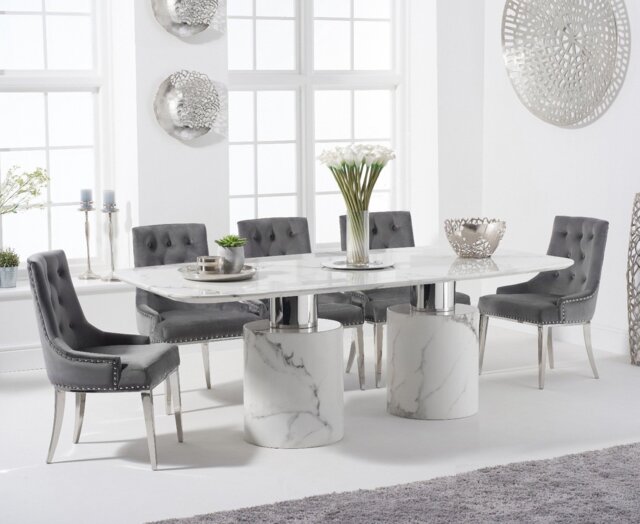 Antonio 220cm White Marble Table with 10 Grey Sienna Chairs