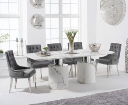 Antonio 220cm White Marble Dining Table with 10 Grey Sienna Chairs