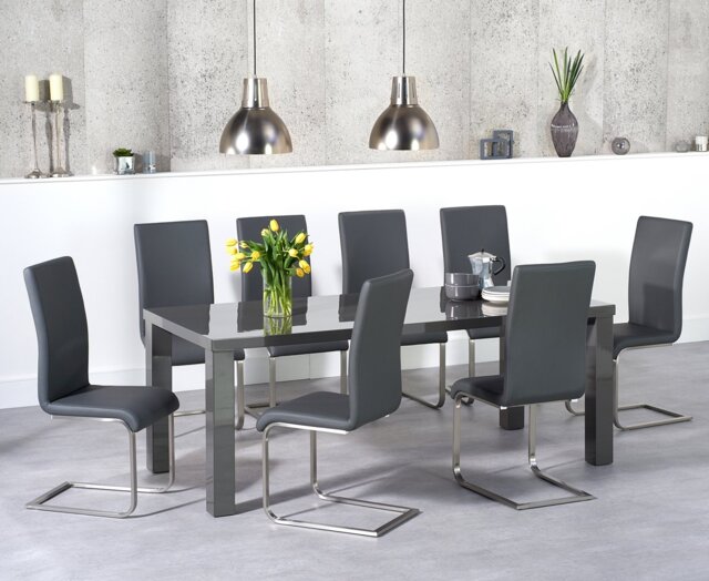 Seattle 200cm Dark Grey High Gloss Dining Table with 10 Black Austin Chairs