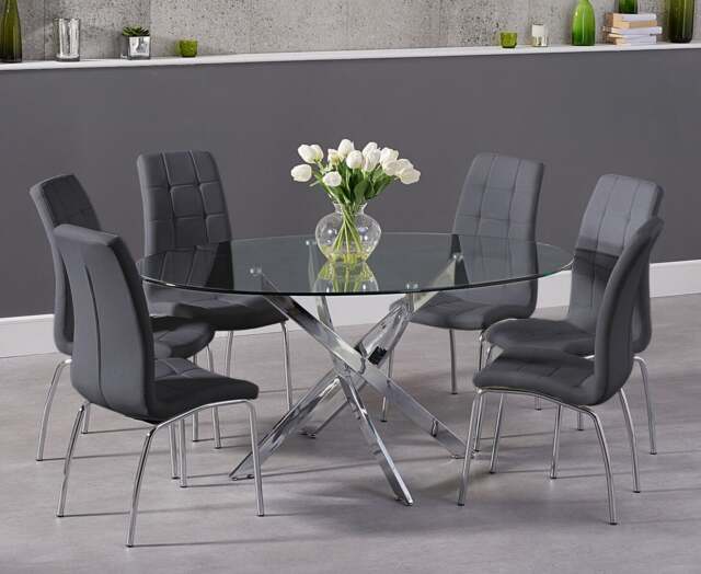 Bernini 165cm Oval Glass Dining Table with 4 Grey Vigo Chairs