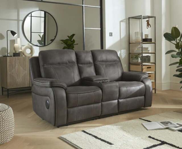 Hanson Graphite Fabric 2 Seater Recliner Sofa with Media Console