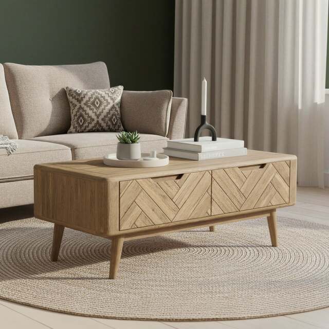 Solid Oak 4 Drawer Storage Coffee Table - Herringbone Detail