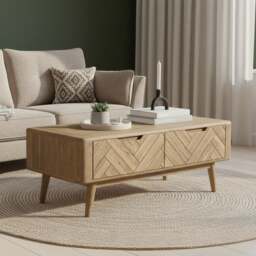 Solid Oak 4 Drawer Storage Coffee Table - Herringbone Detail