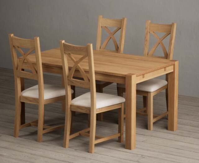 Thetford 150cm Solid Oak Dining Table with 4 Linen Natural Solid Oak Chairs
