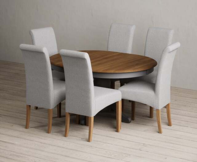 Extending Hertford 100cm - 130cm Oak and Charcoal Grey Painted Pedestal Dining Table with 4 Charcoal Grey Scroll Back Chairs