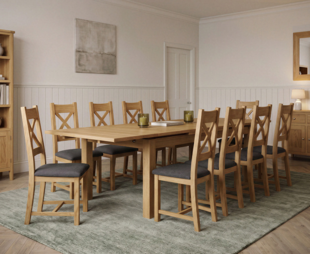 Extending Buxton 140cm Solid Oak Dining Table with 10 Charcoal Grey Natural Solid Oak Chairs