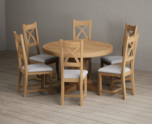 Extending Helmsley Solid Oak Pedestal Dining Table with 6 Light Grey Natural Solid Oak Chairs