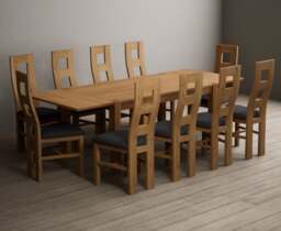 Extending Thetford 150cm Solid Oak Dining Table with 10 Charcoal Grey Natural Chairs