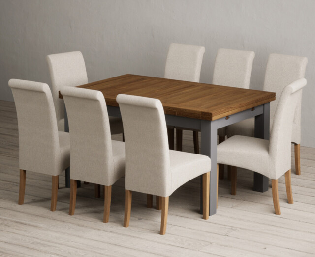 Extending Buxton 140cm Oak and Charcoal Grey Dining Table with 8 Natural Scroll Back Chairs