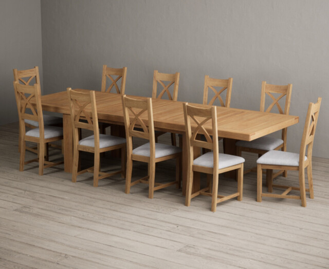 Extending Callington 230cm Oak Dining Table with 10 Light Grey Natural Solid Oak Chairs