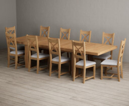 Extending Callington 230cm Oak Dining Table with 10 Light Grey Natural Solid Oak Chairs