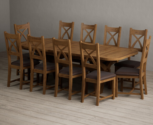 Extending Olympia 180cm Rustic Solid Oak Dining Table with 10 Brown Rustic Solid Oak Chairs