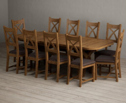 Extending Olympia 180cm Rustic Solid Oak Dining Table with 10 Brown Rustic Solid Oak Chairs