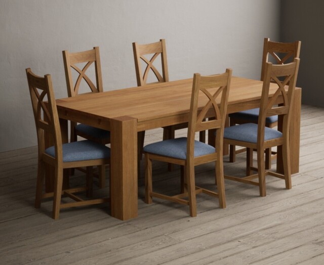 Sheringham 200cm Solid Oak Dining Table with 6 Blue Natural Solid Oak Chairs