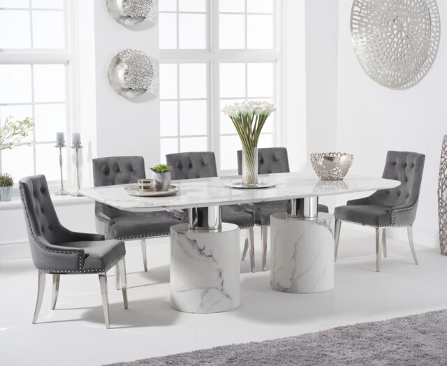 Antonio 220cm White Marble Dining Table with 6 Grey Sienna Chairs