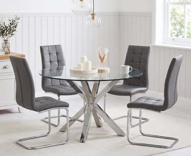Rodin Round Glass Dining Table with 4 Grey Vigo Chairs