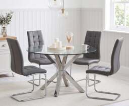 Rodin Round Glass Dining Table with 4 Grey Vigo Chairs
