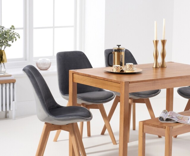 York 120cm Solid Oak Dining Table with 2 Grey Orson Chairs and 1 Oak Bench