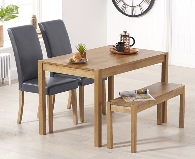 York 120cm Solid Oak Dining Table with 2 Grey Olivia Chairs and 1 Oak Bench
