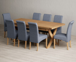 Extending Buckley 200cm Solid Oak Dining Table with 8 Blue Scroll Back Chairs