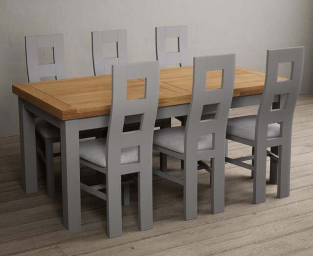Extending Buxton 180cm Oak and Light Grey Dining Table with 8 Linen Painted Chairs