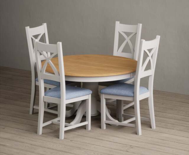 Hertford 120cm Fixed Top Oak and Soft White Painted Dining Table with 4 Blue Painted Chairs