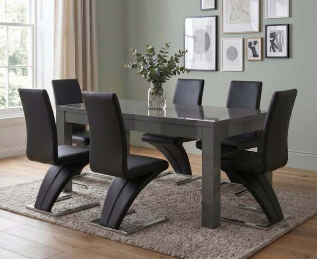 Extending Seattle Dark Grey Gloss 160-220cm Dining Table with 6 Black Aldo Chairs