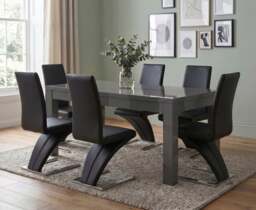 Extending Seattle Dark Grey Gloss 160-220cm Dining Table with 6 Black Aldo Chairs